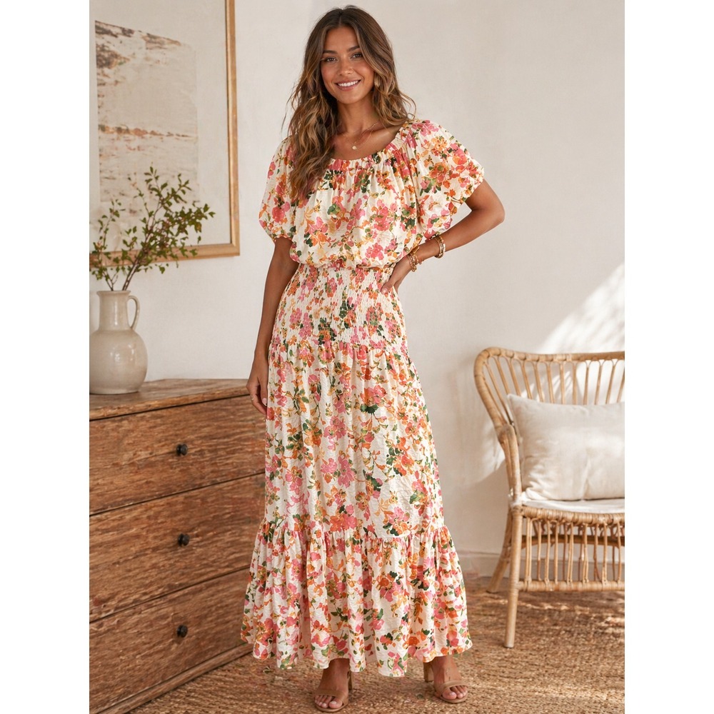 MISA LOS ANGELES NWT $480 Peasant Smocked Midi Maxi Dress Persimmon Crinkle L